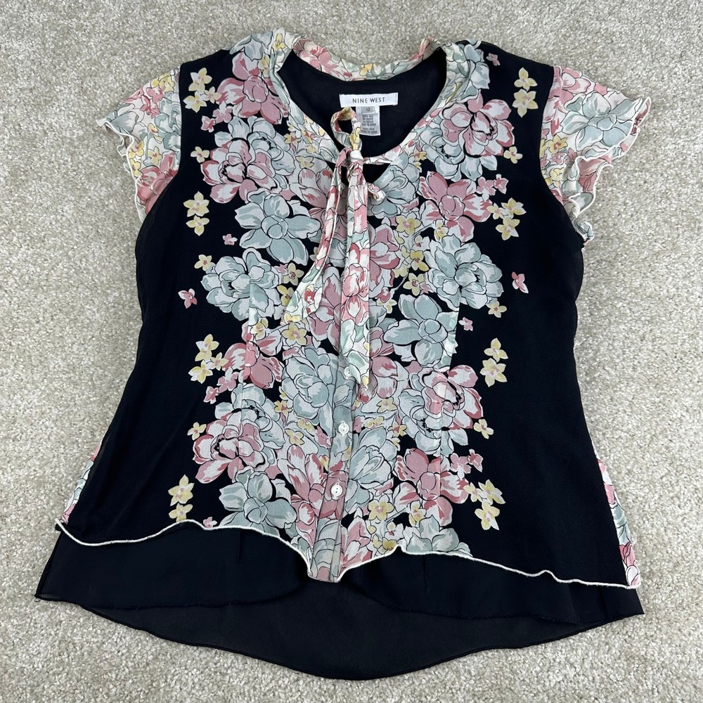 Nine West 100% Silk Floral Tie Neck Blouse Black Pink Flutter Sleeve Top Size 12 - Picture 4 of 7